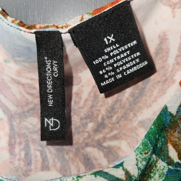 New Directions Curvy Top Blouse Plus 1X Orange Blue Sleeveless Sheer Overlay - Picture 5 of 9